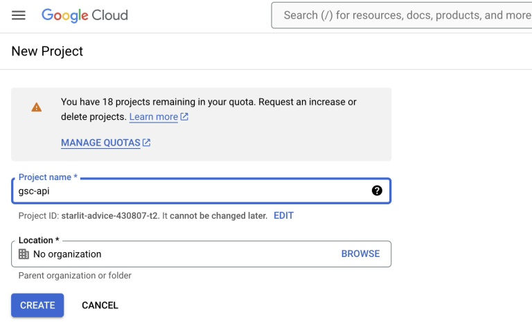 Google Cloud Platform New Project Creation Screen