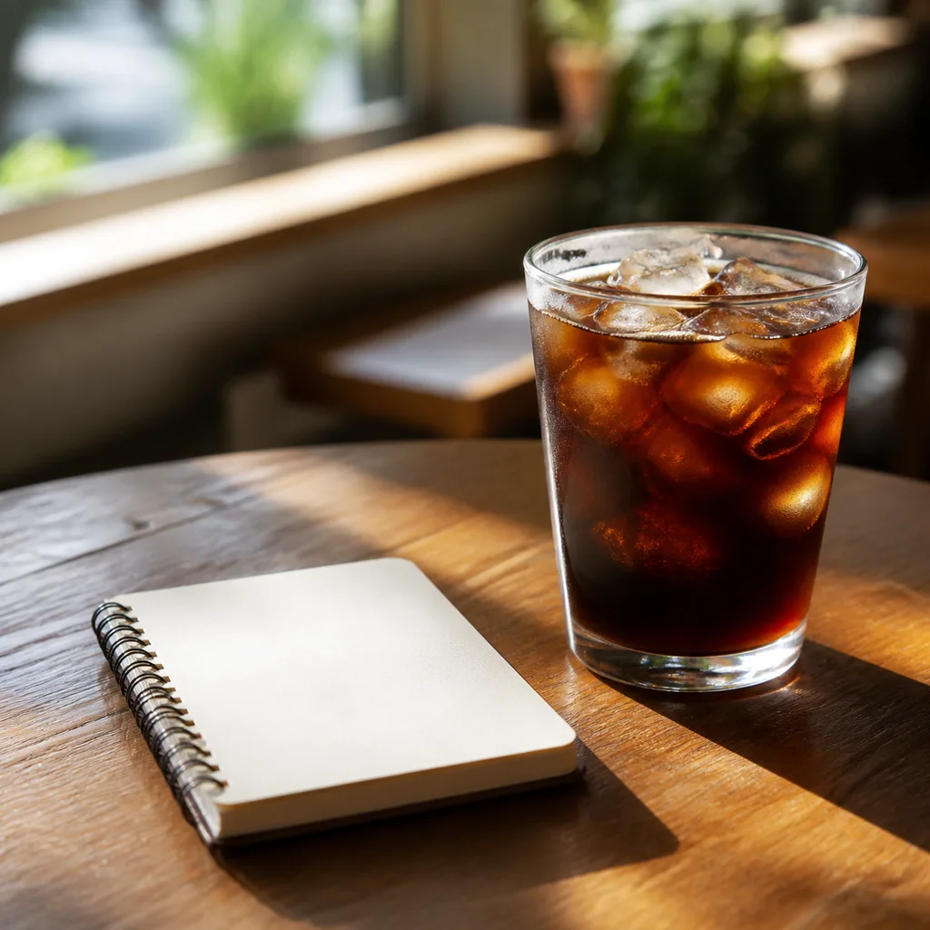 カフェの木のテーブルに置かれたアイスコーヒーと小さなノートの写真風SNS投稿画像
