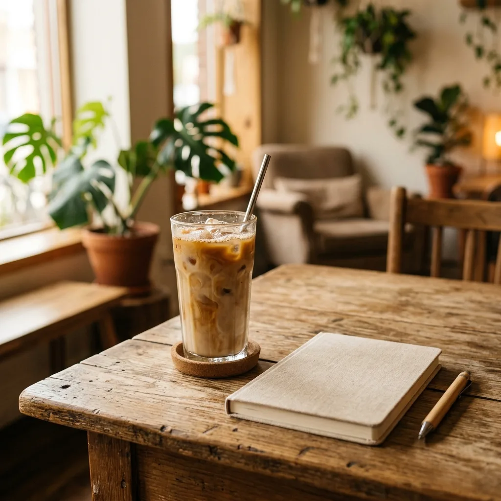 ナノバナナ SNS投稿用の写真風画像（カフェのアイスコーヒーとノート）